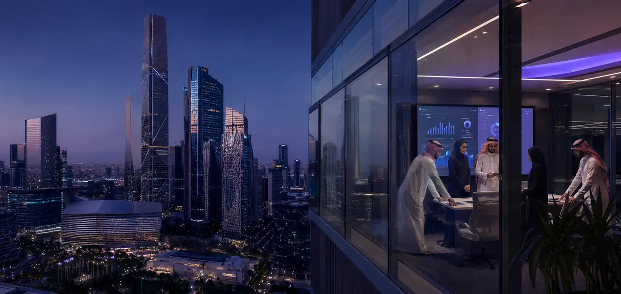 Saudi executives reviewing an AI analytics dashboard in a Riyadh boardroom above the King Abdullah Financial District at dusk.